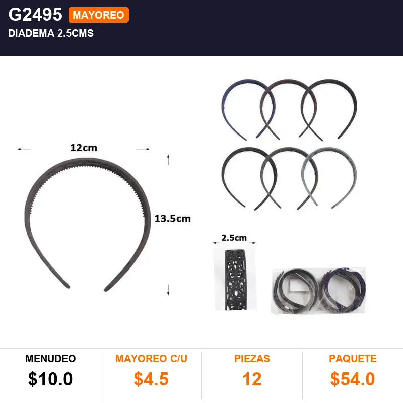 Diadema 2.5cms - Pack x12