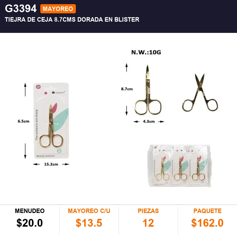 Tiejra de ceja 8.7cms dorada en blister - Pack x12