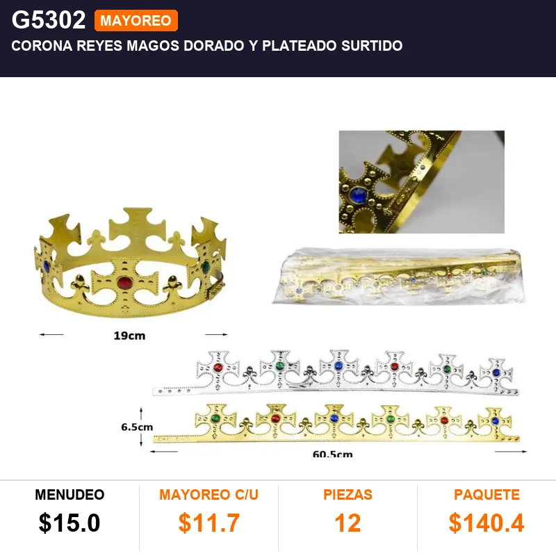 Corona reyes magos dorado y plateado surtido - Pack x12
