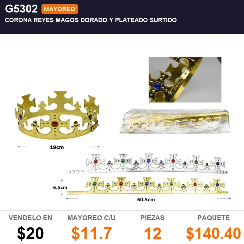 Corona reyes magos dorado y plateado surtido - Pack x12
