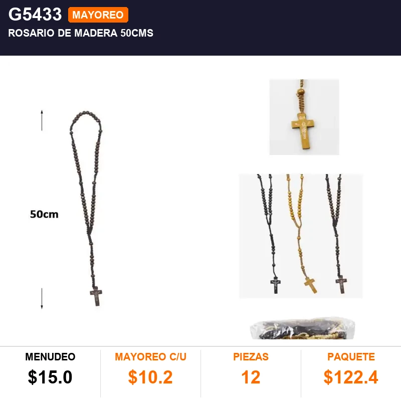 Rosario de madera 50cms - Pack x12