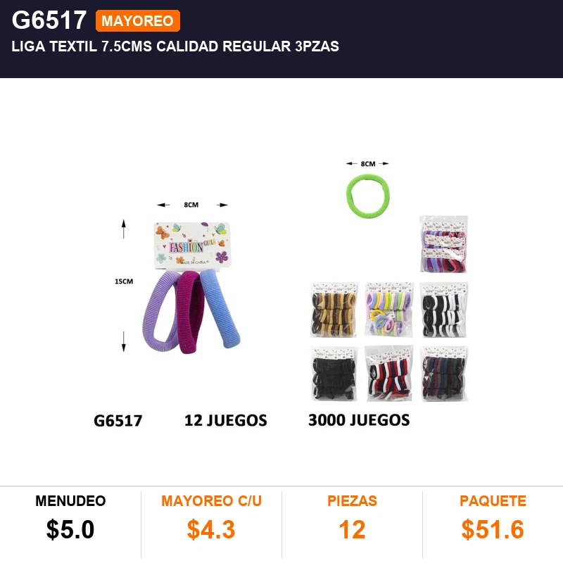 Liga Textil 7.5Cms Calidad Regular 3Pzas - Pack x12