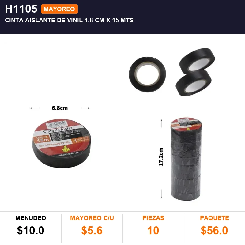 Cinta aislante de vinil 1.8 cm x 15 mts - Pack x10