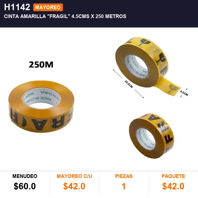 Cinta amarilla "FRAGIL" 4.5CMS X 250 Metros - Pack x1