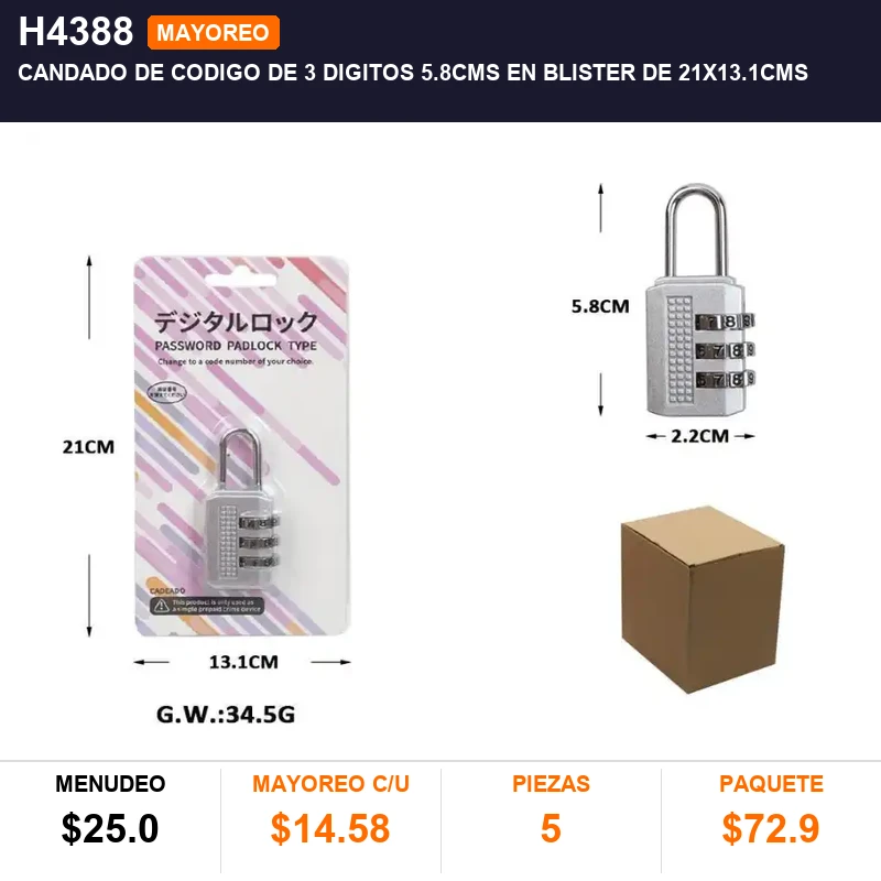 Candado de codigo de 3 digitos  5.8cms  en blister de 21x13.1cms - Pack x5