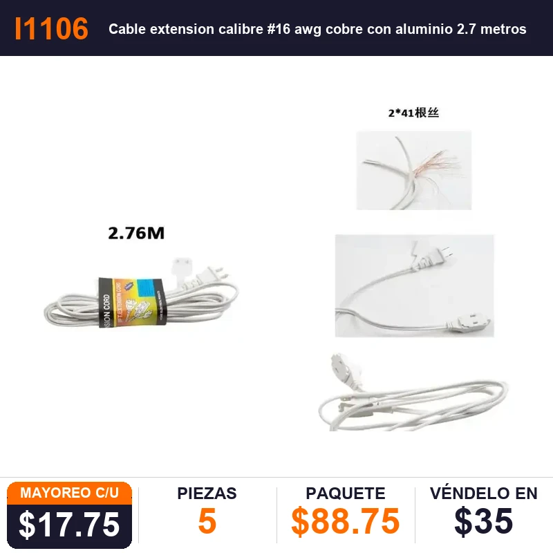 Cable extension calibre #16 awg cobre con aluminio 2.7 metros - Pack x5