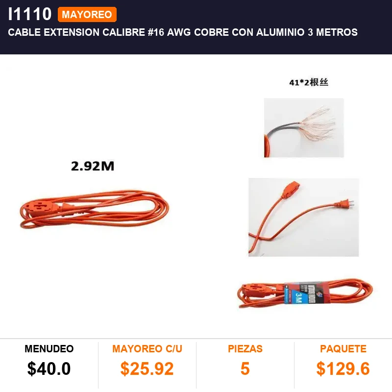 Cable extension calibre #16 awg cobre con aluminio 3 metros - Pack x5