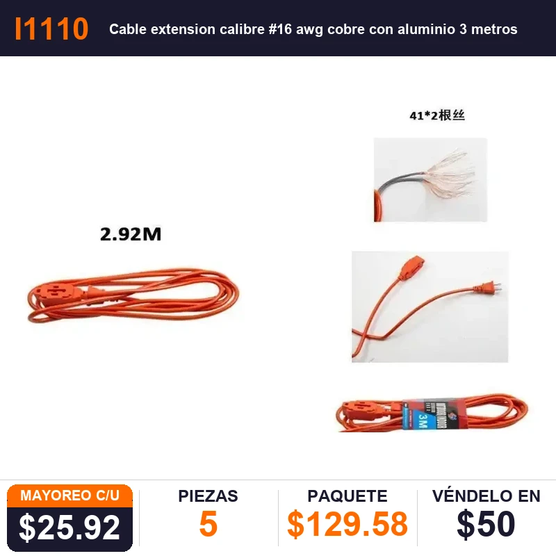 Cable extension calibre #16 awg cobre con aluminio 3 metros - Pack x5
