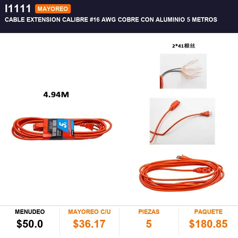 Cable extension calibre #16 awg cobre con aluminio 5 metros - Pack x5