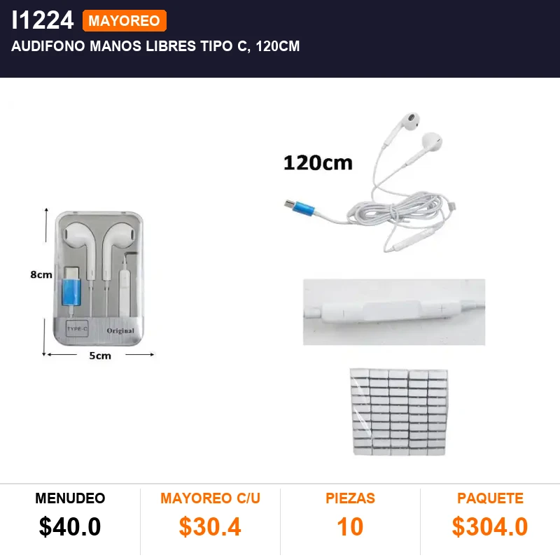 Audifono manos libres tipo c, 120cm - Pack x10