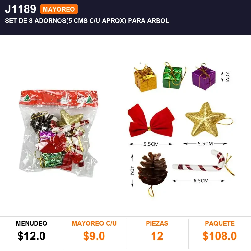 Set de 8 adornos(5 cms c/u aprox) para arbol - Pack x12
