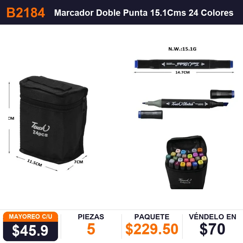 Marcador Doble Punta 15.1Cms 24 Colores- Pack x5