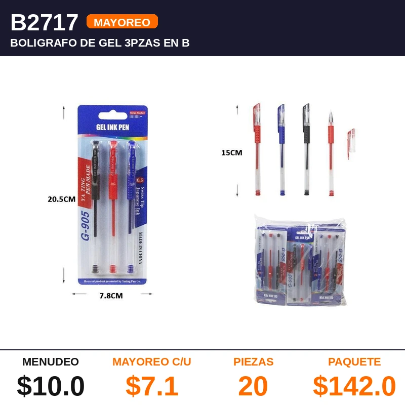 Boligrafo De Gel 3Pzas En Blisters  - Pack x20