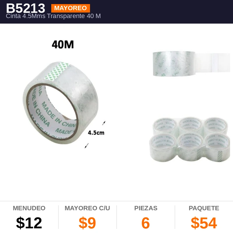 Cinta 4.5Mms Transparente 40 Metros - Pack x6