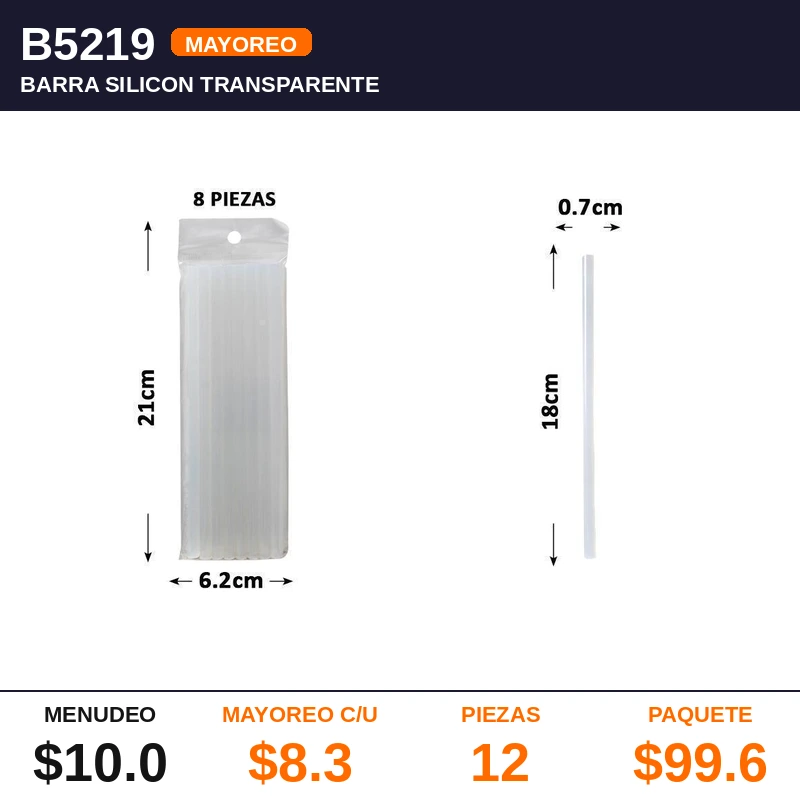 Barra Silicon Transparente 18X0.7Cm 8 pzas - Pack x12