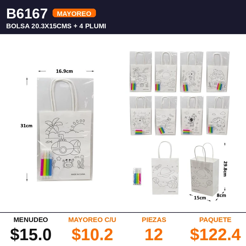 Bolsa 20.3X15Cms + 4 Plumines Para Dibujar - Pack x12