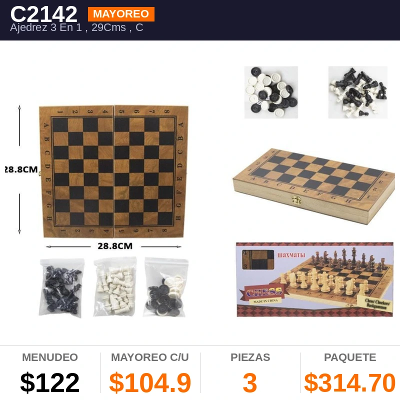Ajedrez 3 En 1, 29Cms - Pack x3