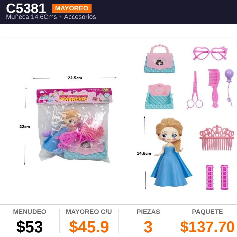 Muñeca 14.6Cms + Accesorios En Bolsa - Pack x3