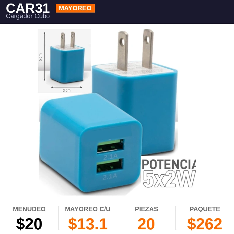 Cargador Cubo Doble Entrada - Pack x20