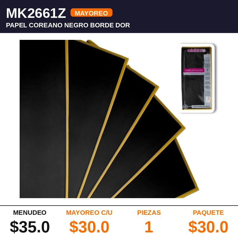 20 hojas Papel Coreano Negro Borde Dorado 54X56 cms - Pack x1
