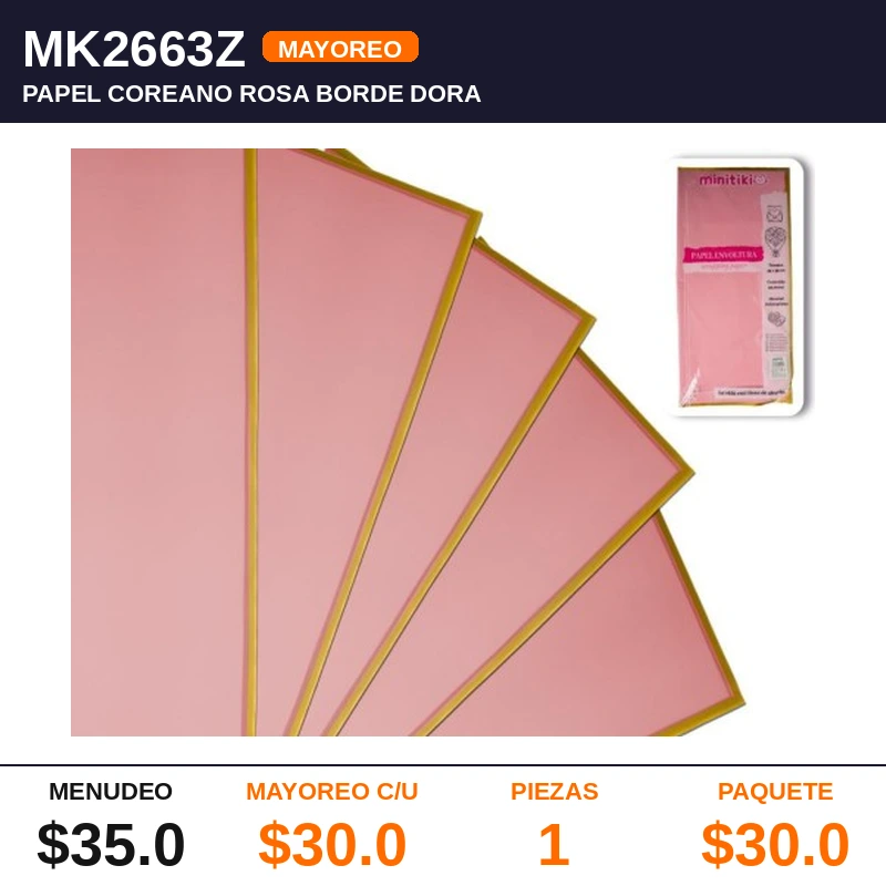 20 hojas Papel Coreano Rosa Borde Dorado 54X56 cms - Pack x1
