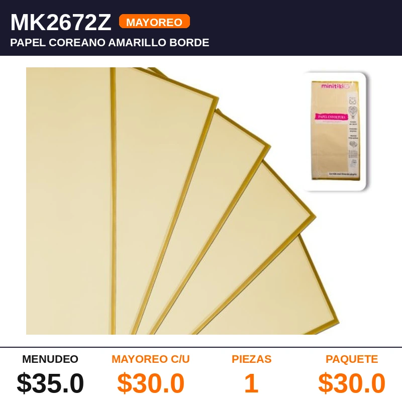 20 hojas Papel Coreano Amarillo Borde Dorado 54X56 cms - Pack x1