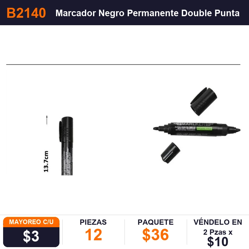 Marcador Negro Permanente Double Punta - Pack x12