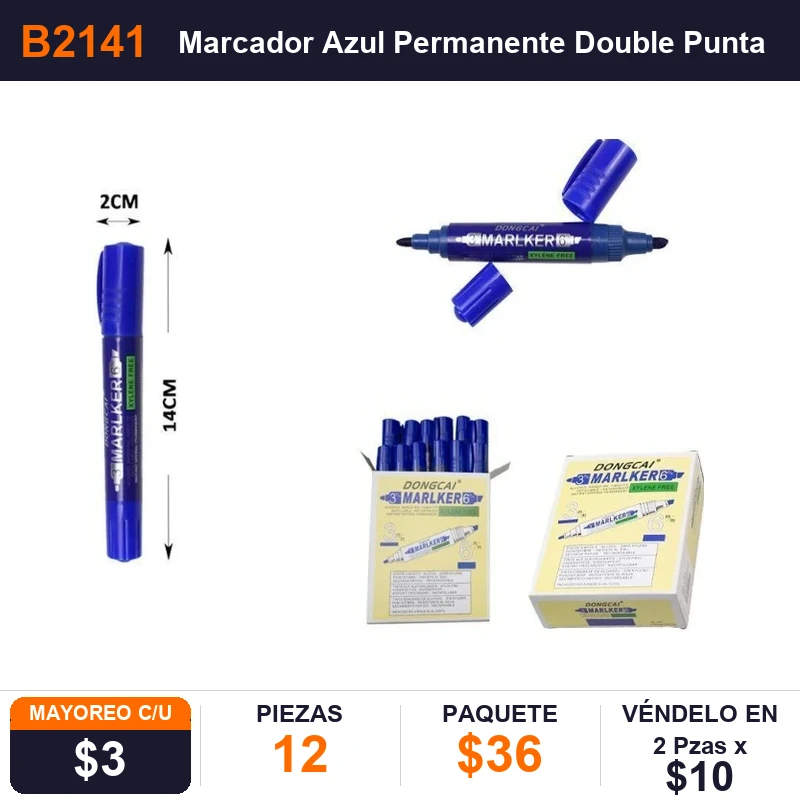 Marcador Azul Permanente Double Punta - Pack x12