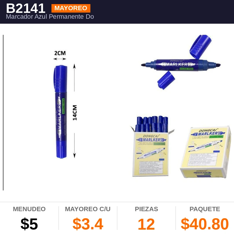 Marcador Azul Permanente Double Punta - Pack x12