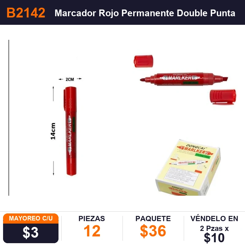 Marcador Rojo Permanente Double Punta - Pack x12