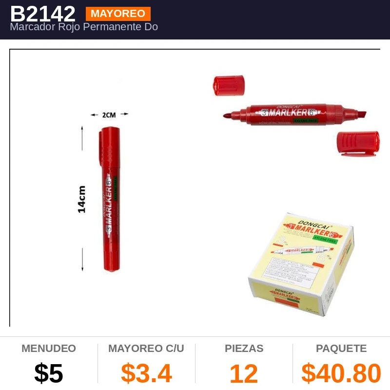 Marcador Rojo Permanente Double Punta- Pack x12