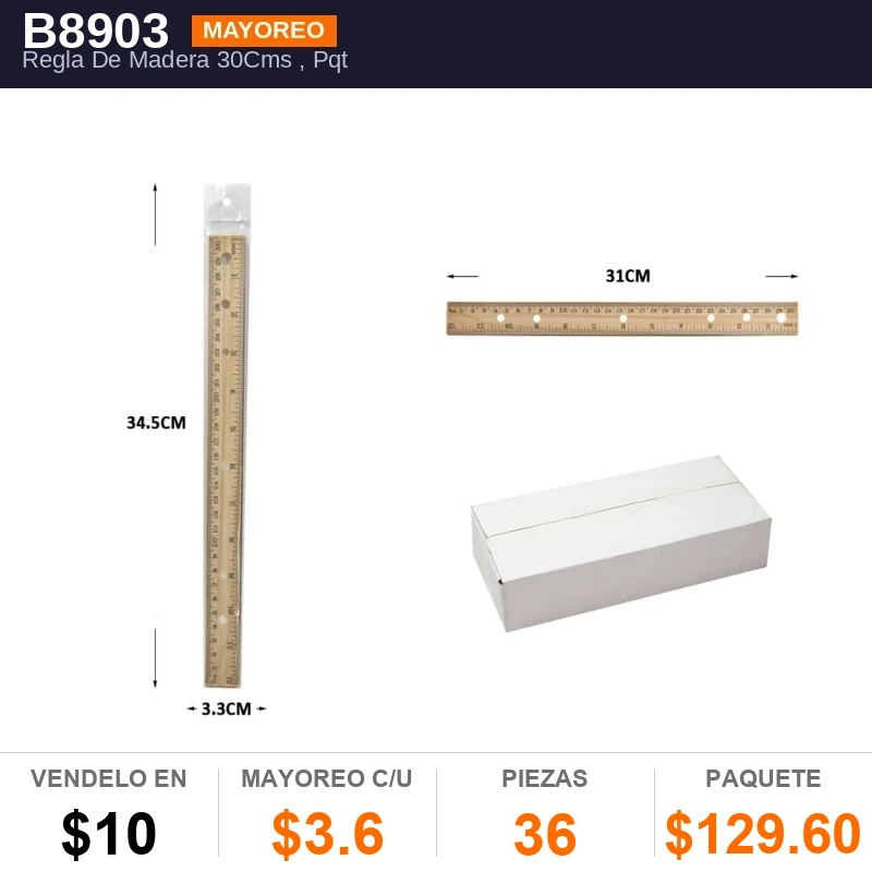 Regla De Madera 30Cms - Pack x36