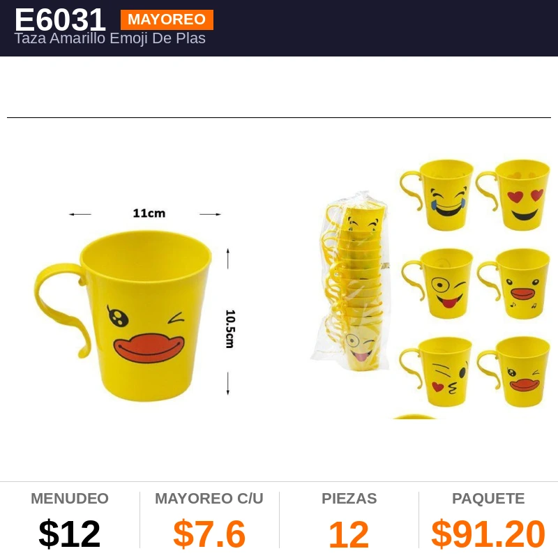 Taza Amarillo Emoji De Plastico 11cms - Pack x12