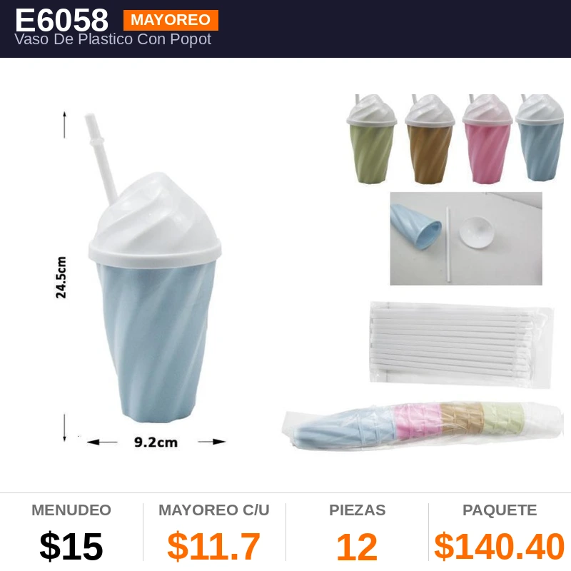 Vaso De Plastico Con Popote 400Ml - Pack x12
