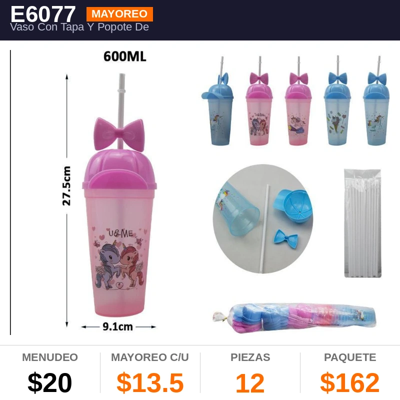 Vaso Con Tapa Y Popote De Plastico 600 ML - Pack x12