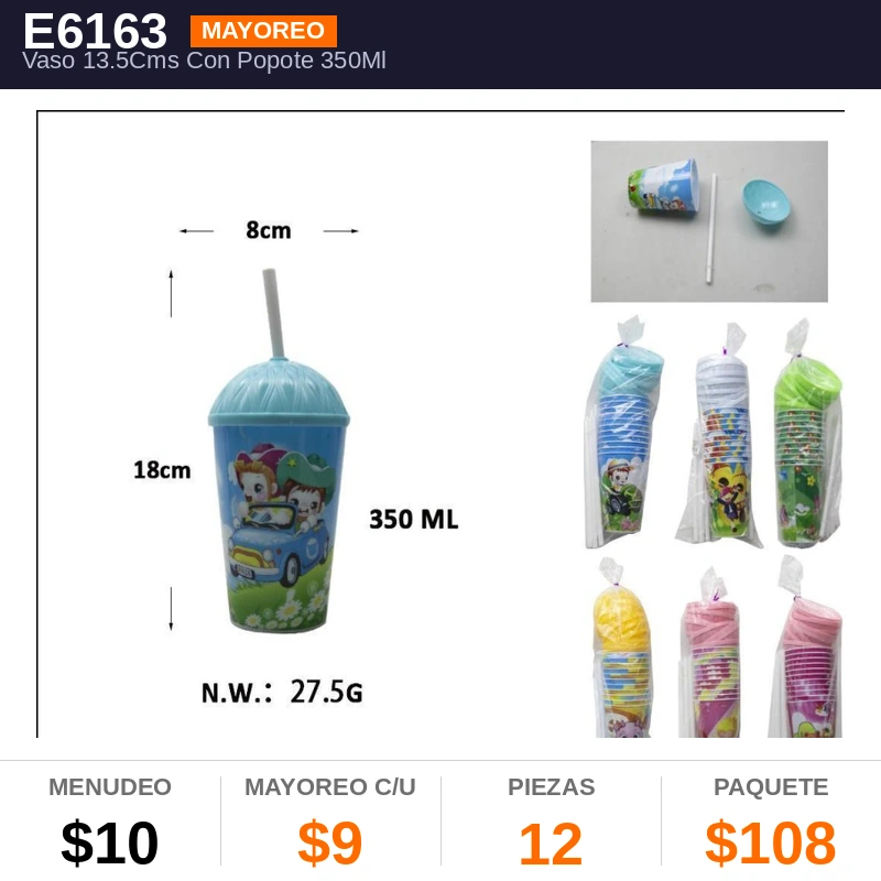 Vaso 13.5Cms Con Popote 350ML - Pack x12