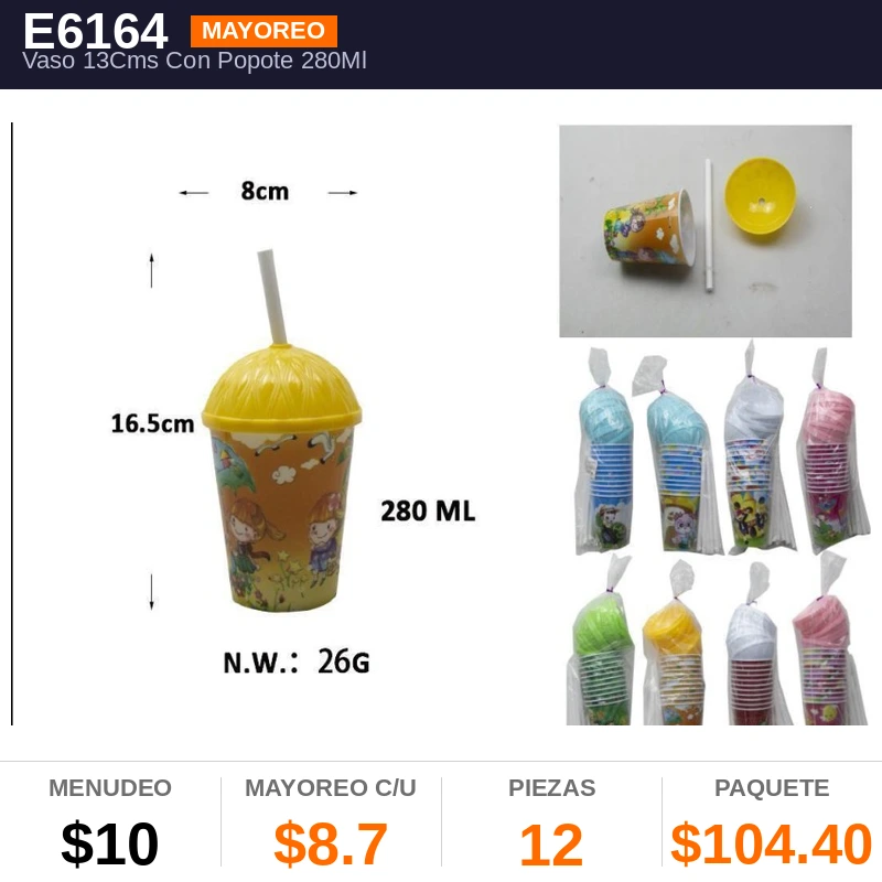 Vaso 13Cms Con Popote 280ML - Pack x12