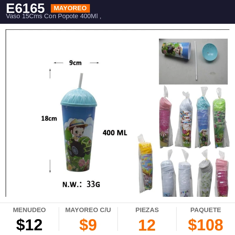 Vaso 15Cms Con Popote 400ML - Pack x12