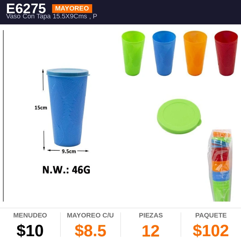 Vaso Con Tapa 15.5X9Cms - Pack x12