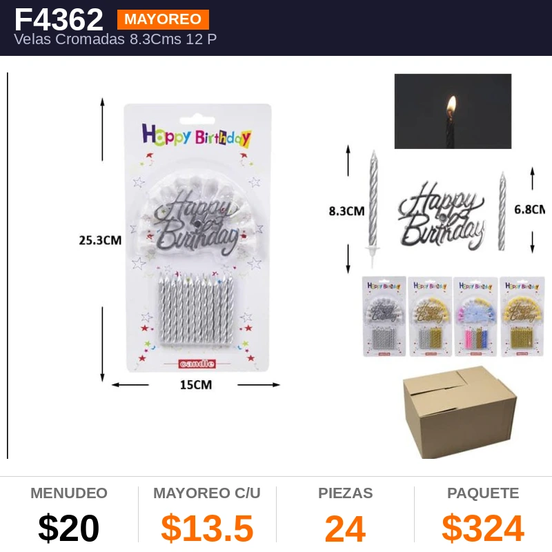 Velas Cromadas 8.3Cms 12 Pzas - Pack x24