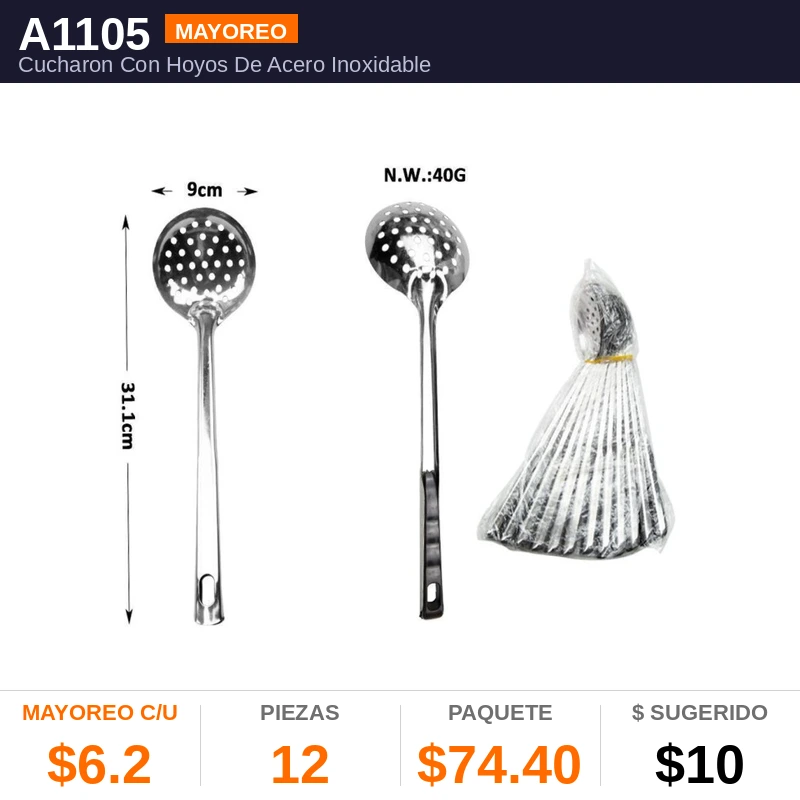 Cucharon Con Hoyos De Acero Inoxidable - Pack x12