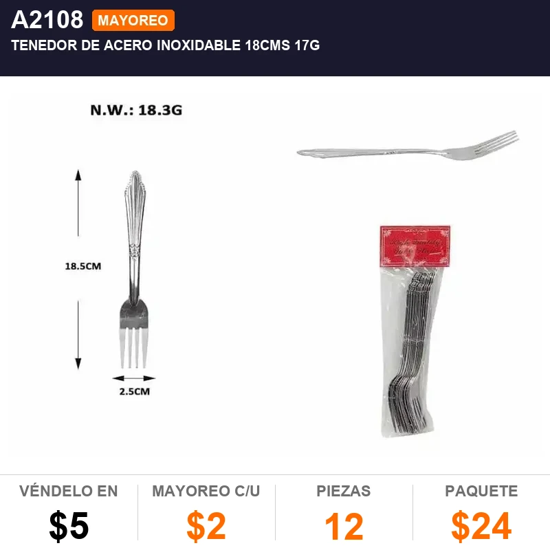 Tenedor de acero inoxidable 18CMS 17g - Pack x12