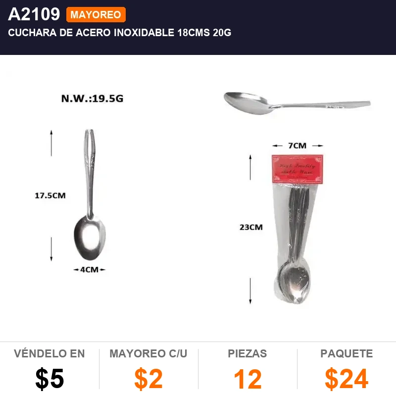 Cuchara de acero inoxidable 18cms 20g - Pack x12
