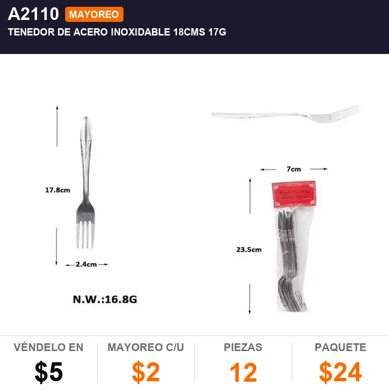 Tenedor de acero inoxidable 18CMS 17g - Pack x12