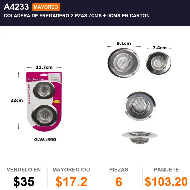Coladera de fregadero 2 pzas 7cms + 9cms en carton - Pack x6