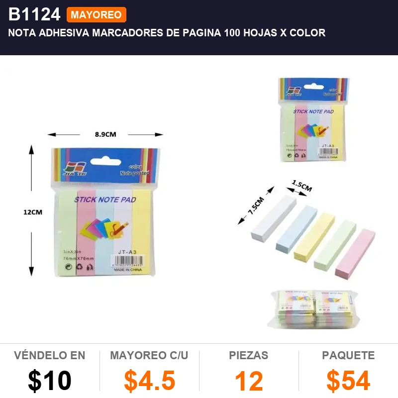 Nota adhesiva marcadores de pagina 100 hojas x color - Pack x12