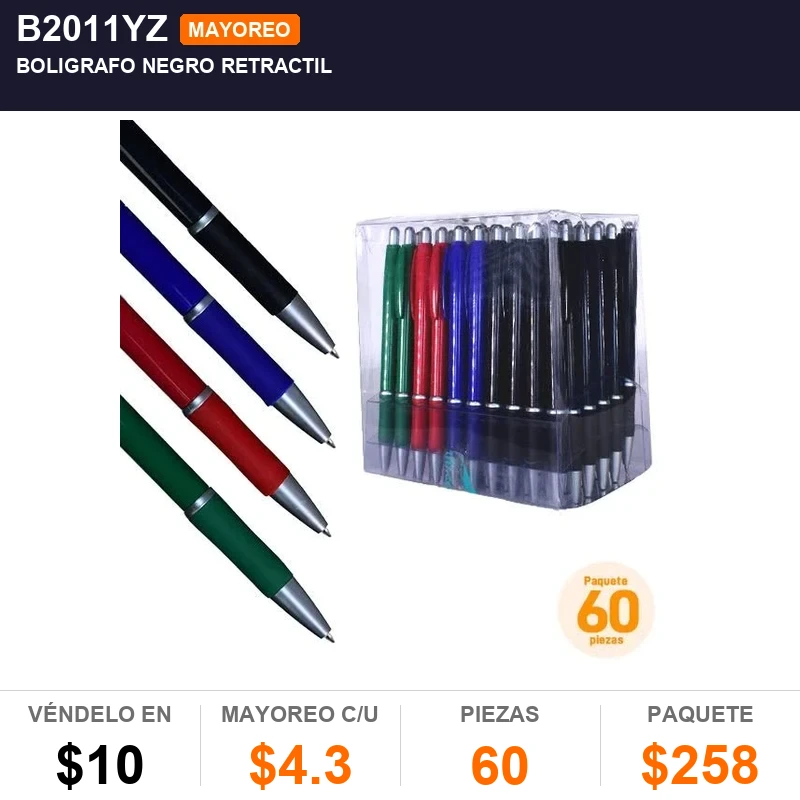 Boligrafo negro retractil - Pack x60