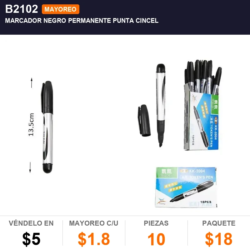 Marcador negro permanente punta cincel - Pack x10