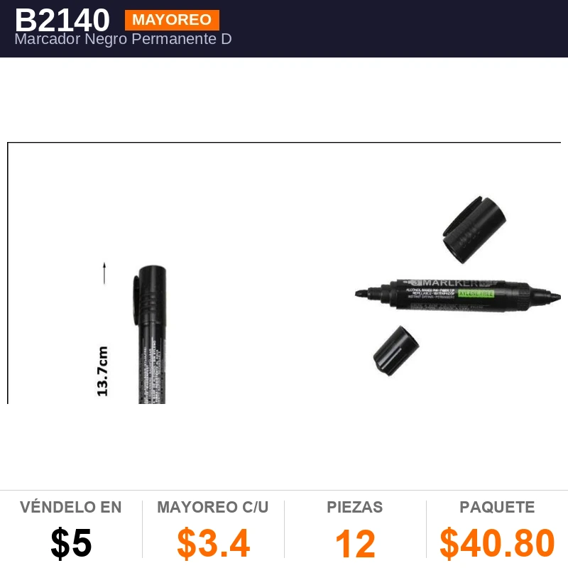 Marcador Negro Permanente Double Punta - Pack x12