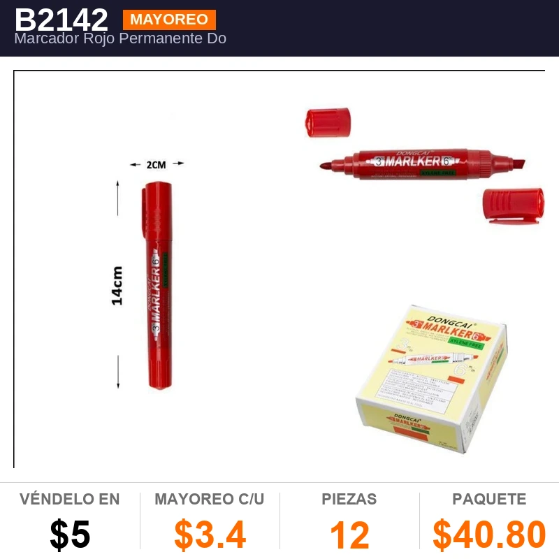 Marcador Rojo Permanente Double Punta - Pack x12